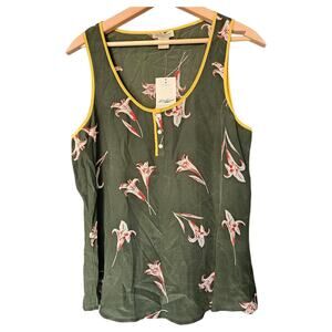 Women's Lucky Brand 100% Silk Tank Top Green Lilly Sleeveless Yellow Trim NWT M
